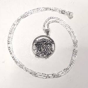 925 Silver Necklace Figaro Jesus Crown of Thorns Christian Catholic Pendant Gift